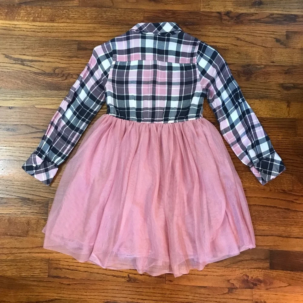 Girls Justice Pink / Black Plaid & Tulle Dress Size Medium 7 / 8 100% Polyester
